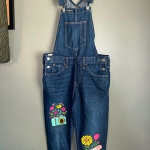 Denim Overalls with Floral and Camera Design